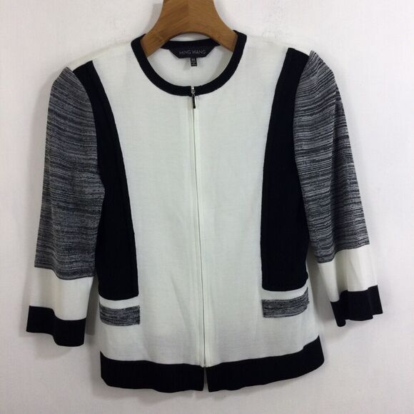 Ming Wang Color Block 3/4 Sleeve Full Zip Knit Cardigan Sweater Size XS - Picture 10 of 10